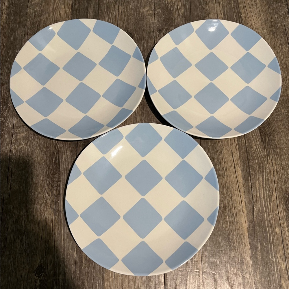2 for $20! New Set of 3 Blue Checkered Bamboo Melamine Dinner Plates